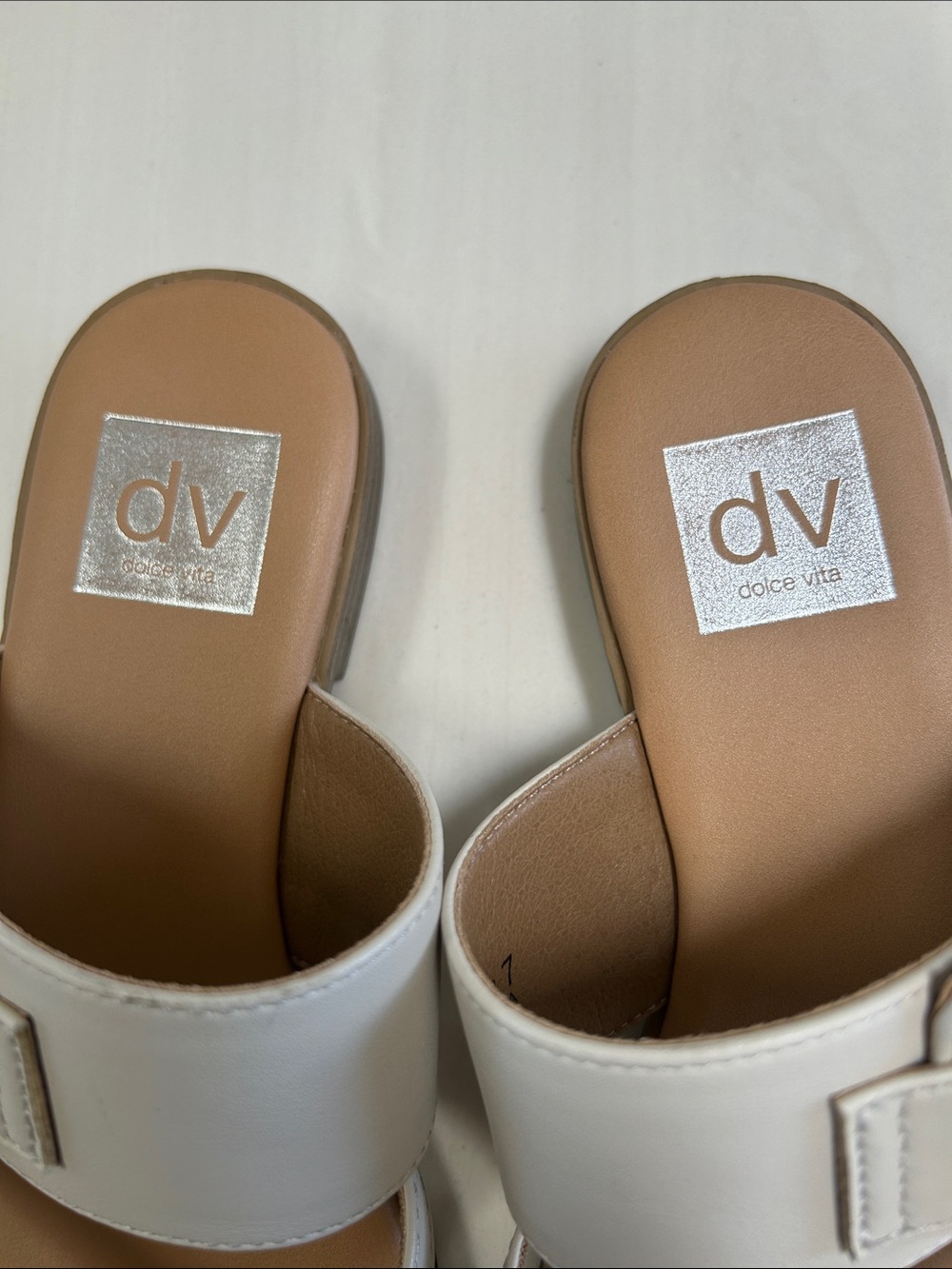 DV by Dolce Vita Cream Leather Slide Sandals with Tan Footbed and Tan Buckle 7 - Picture 3 of 3